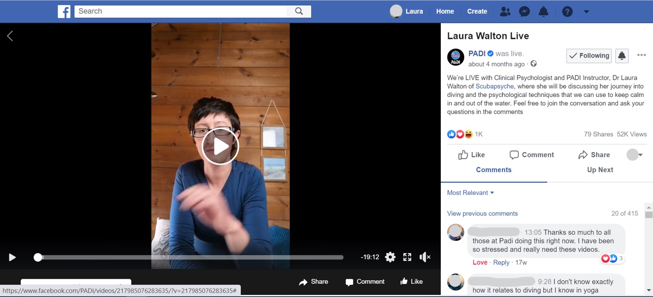 Talking about calm breathing live on PADI Facebook